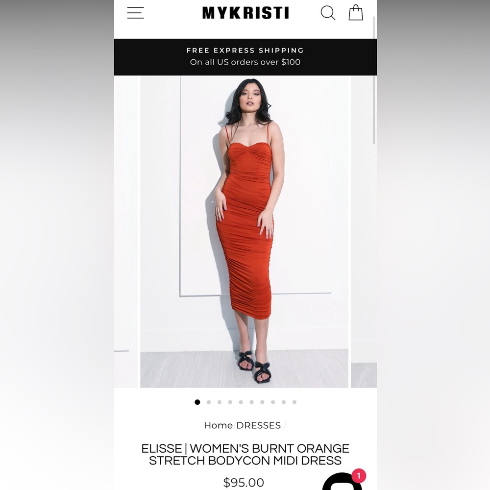 165 NWOT MyKristi $95 Burnt Orange Ruched Midi Dress -Designer on Project Runway